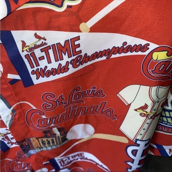 VTG St.Louis Cardinals Button Up ALL OVER PRINT SHIRT RED Pennant Hawaii Xl - Picture 5 of 5
